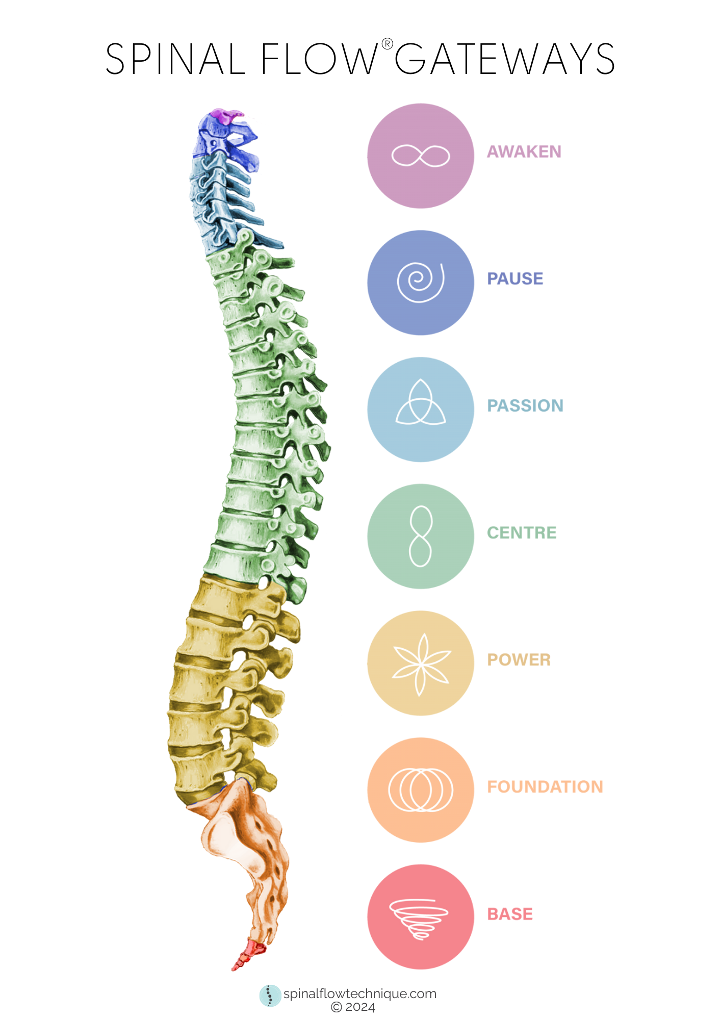 De zeven Spinal Flow Gateways langs de wervelkolom: Awaken, Pause, Passion, Centre, Power, Foundation en Base